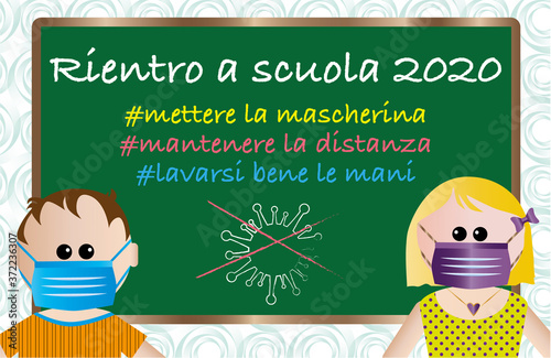 rientro a scuola 2020 l'inizio scuolastico ritorno pandemia mettere la mascherina mantenere la distanza lavarsi le mani andrà tutto bene arcobaleno colori bambini bambino ragazzi ragazzo distanza