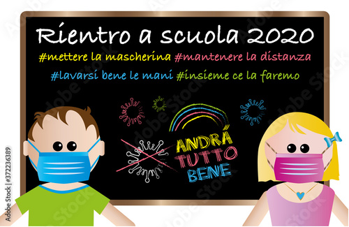 rientro a scuola 2020 l'inizio scuolastico ritorno pandemia mettere la mascherina mantenere la distanza lavarsi le mani andrà tutto bene arcobaleno colori bambini bambino ragazzi ragazzo distanza