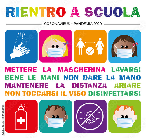 rientro a scuola 2020 l'inizio scuolastico ritorno pandemia mettere la mascherina mantenere la distanza lavarsi le mani andrà tutto bene arcobaleno colori bambini bambino ragazzi ragazzo distanza