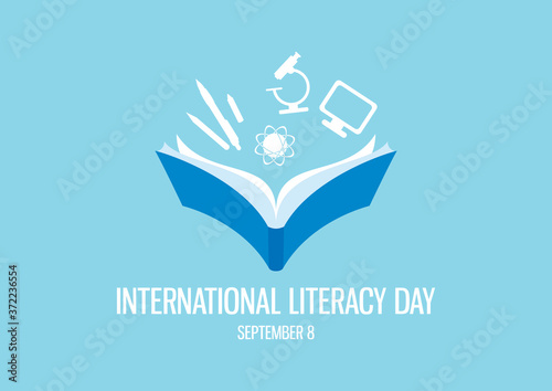 International Literacy Day vector. Open book with knowledge icons vector. Study icons set. Human abilities vector. Education symbol vector. Literacy Day Poster, September 8. Important day