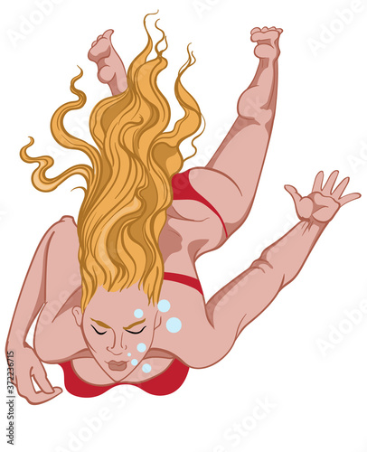 Blonde woman with serious facial expression in red bikini swimming in water. ...