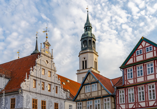 view of the old city hall building and St. Marien church in Celle in Lower Saxony photo