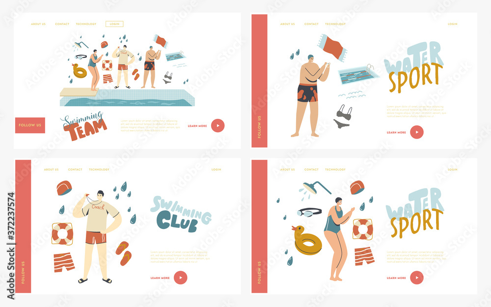Swimmers Characters in Pool Landing Page Template Set. Swimming Coach Teaching Woman Prepare to Jump. Learning to Swim