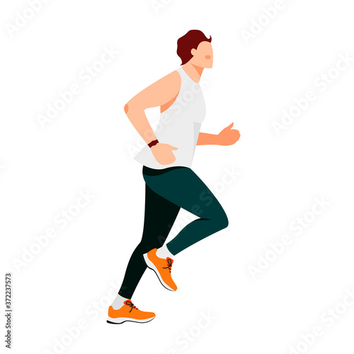 Isolated on white running man vector illustration. Jogging design element. Athletic lifestyle  in flat cartoon style.