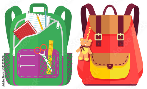 Colored school backpack. Education and study back to school, schoolbag luggage, rucksack vector illustration. Kids school bag with education equipment. Backpacks with study supplies. Student satchels