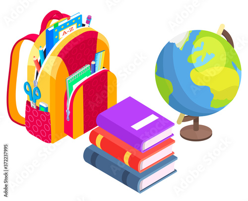 Model of Earth planet vector, globe and satchel with supplies for geography lesson back to school concept. Isometric cartoon of backpack with textbooks and notebooks, geographical studies set