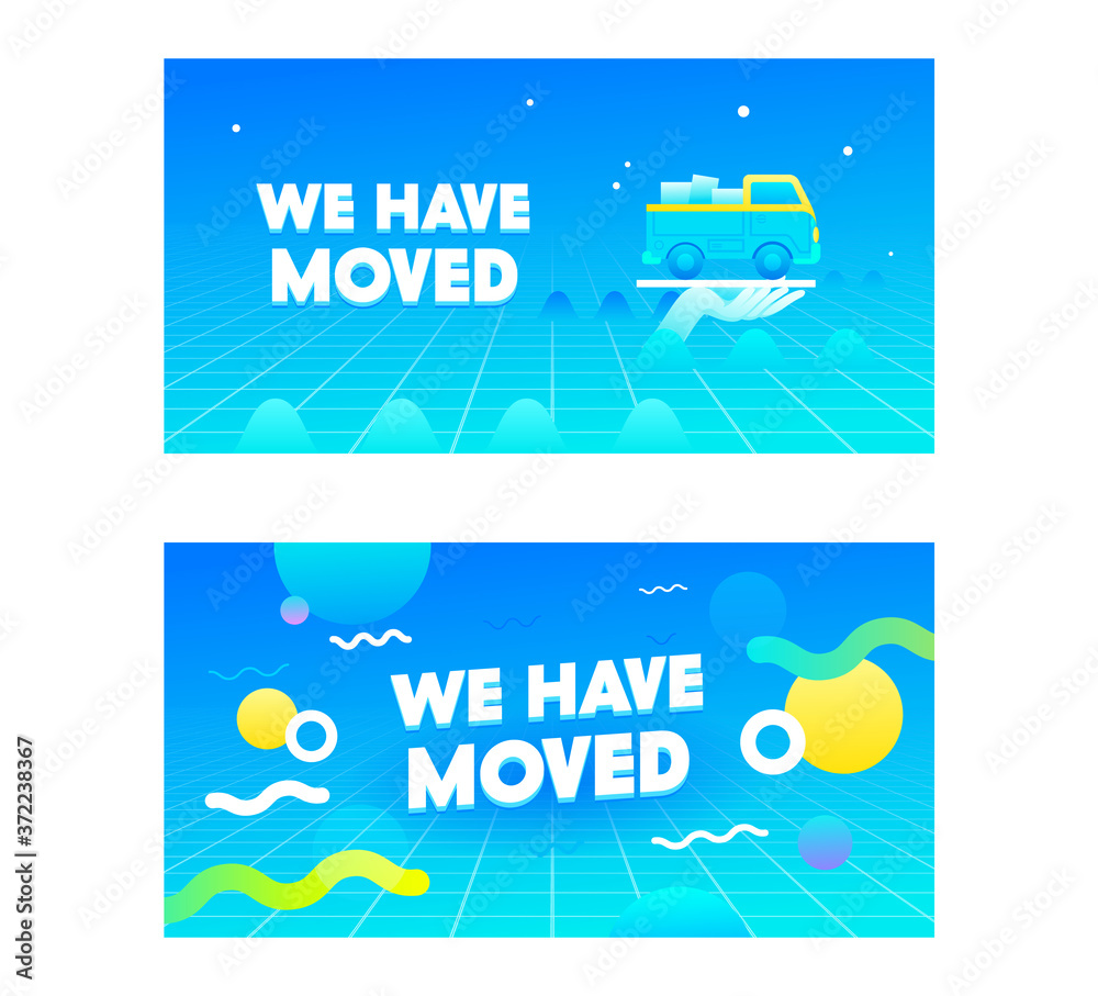 We Have Moved Banners with Truck on Blue Background with Synthwave Grid and Abstract Geometric Pattern. Office Change Address