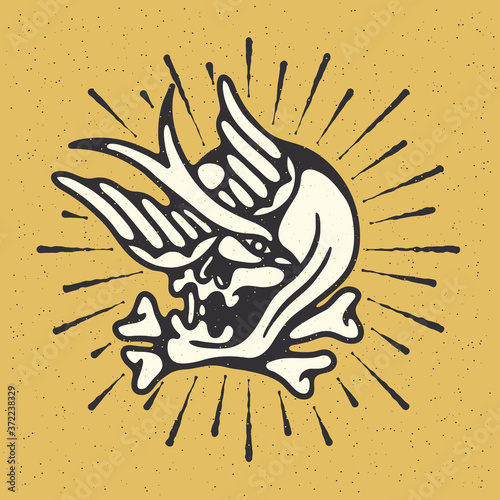 Traditional tattoo flash skull with a bird, bones and rays, Vector illustration on grunge texture background