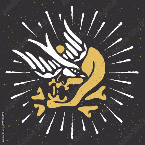 Traditional tattoo flash skull with a bird, bones and rays, Vector illustration on grunge texture background