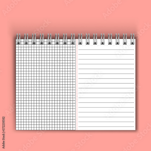 Realistic lined notepapers. Blank gridded notebook papers for homework and exercises. Vector pads paper sheets with lines and squares for memo. Notebook or memo notepad with binder. Vector note pad or