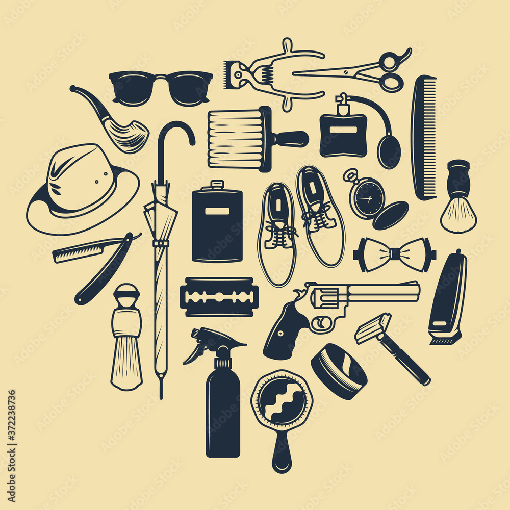 Set of Vector Barber Shop Elements and man accessories Icons. Vector illustration on isolated background Set of Vector Barber Shop Elements and man accessories Icons. Vector illustration on isolated background