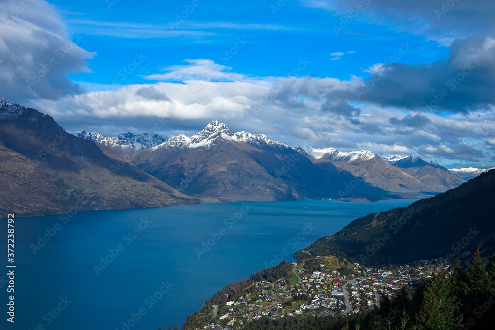 The amazing Top View of Queentown New Zealand, and the Queentown bay with Lake Wakatipu.