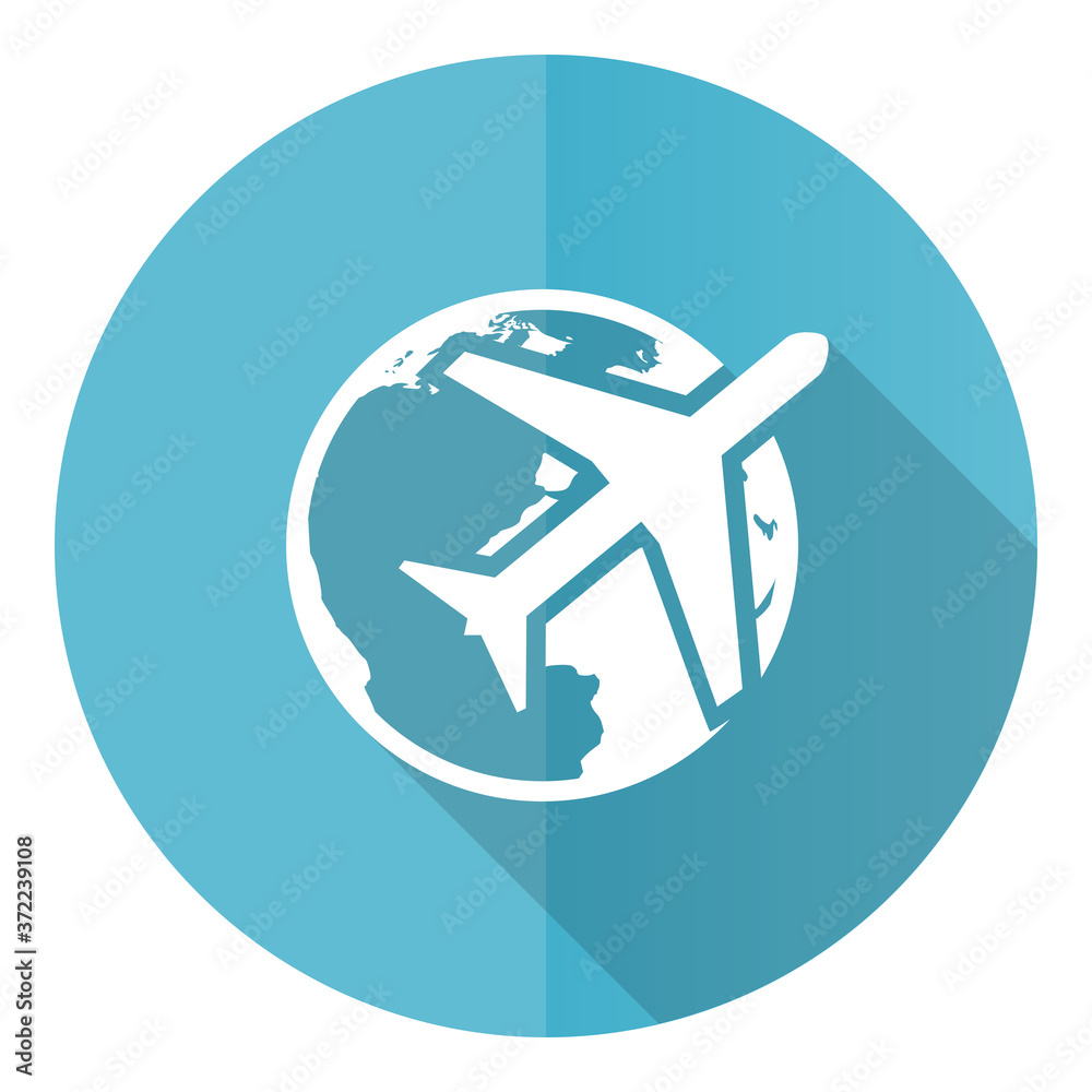 Travel vector icon, flat design blue round web button isolated on white background Travel vector icon, flat design blue round web button isolated on white background