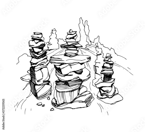 Cairn. Pile of stones on the river. Vector llustration on white background.