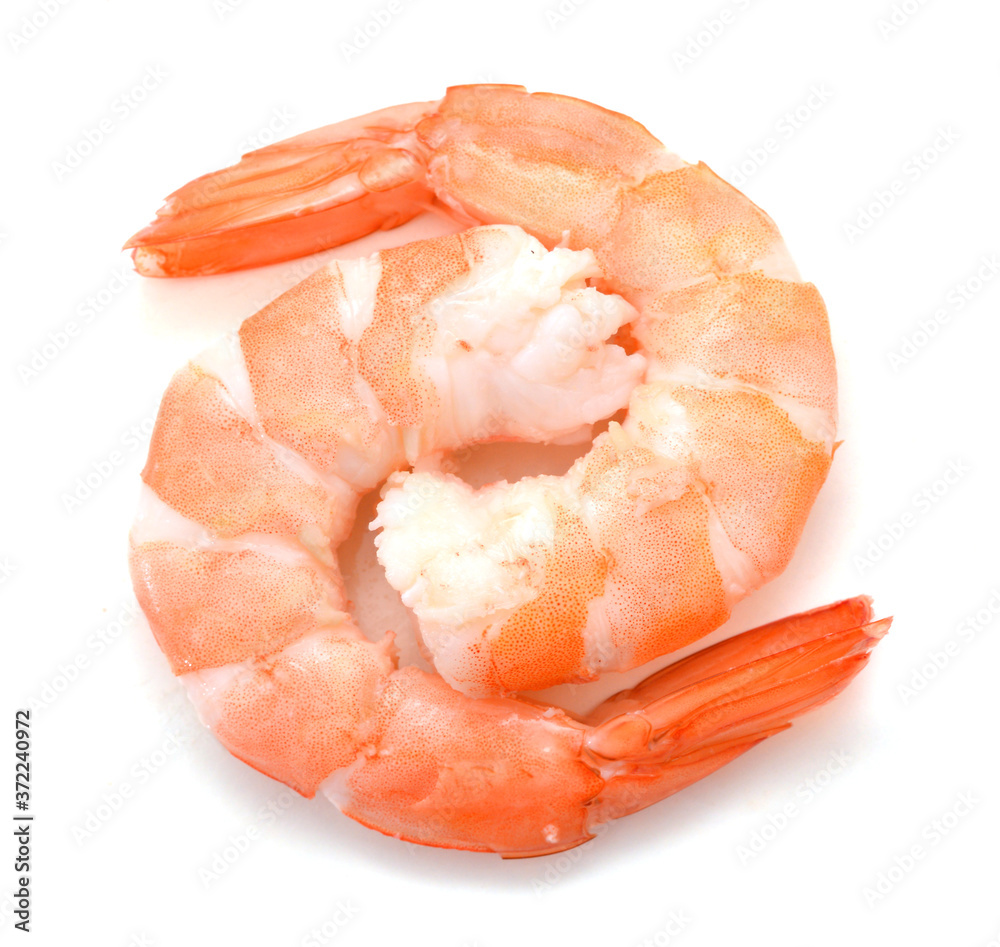 Two cooked unshelled tiger shrimps isolated on white Two cooked unshelled tiger shrimps isolated on white