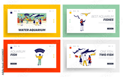 Characters in Oceanarium Landing Page Template Set. Parents Kids Look at Ocean Fishes behind Glass. Children in Aquarium