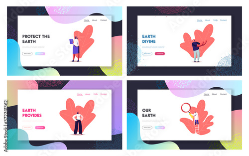 Scientists or Students Learn Geophysics Landing Page Template Set. Characters Study Structure of Earth Divided on Layers