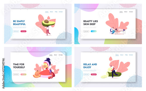 Natural Beauty and Cosmetology Relaxation Landing Page Template Set. Tiny Characters around Huge Woman with Facial Mask