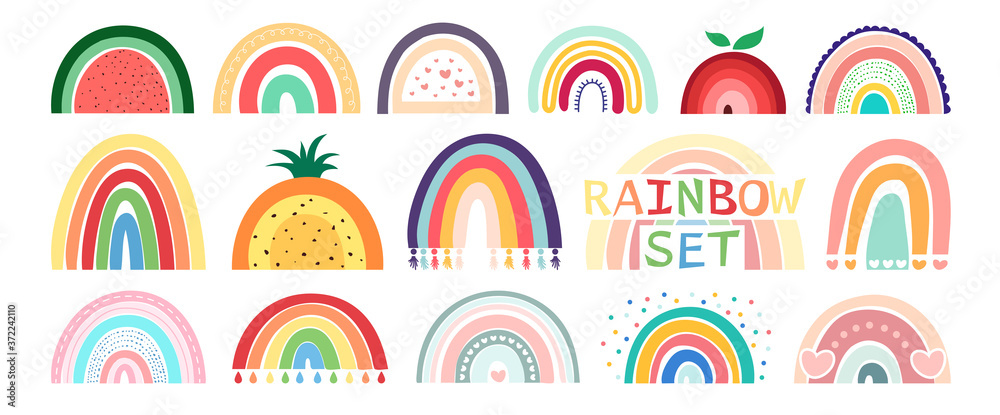 Boho rainbow set isolated on white background. In cute delicate pastel colors. Hand drawing style for posters, prints, cards, fabric, textile, children's books and decorating baby clothes. Boho rainbow set isolated on white background. In cute delicate pastel colors. Hand drawing style for posters, prints, cards, fabric, textile, children's books and decorating baby clothes.