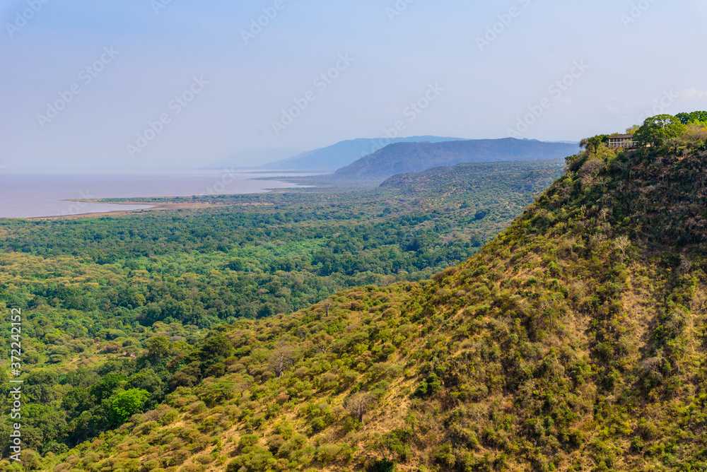 Panoramic view on Manyara Lake from Viewpoint. Beautiful landscape scenery of Lake Manyara National Park, Tanzania - Travel destination for wildlife Safari in Africa