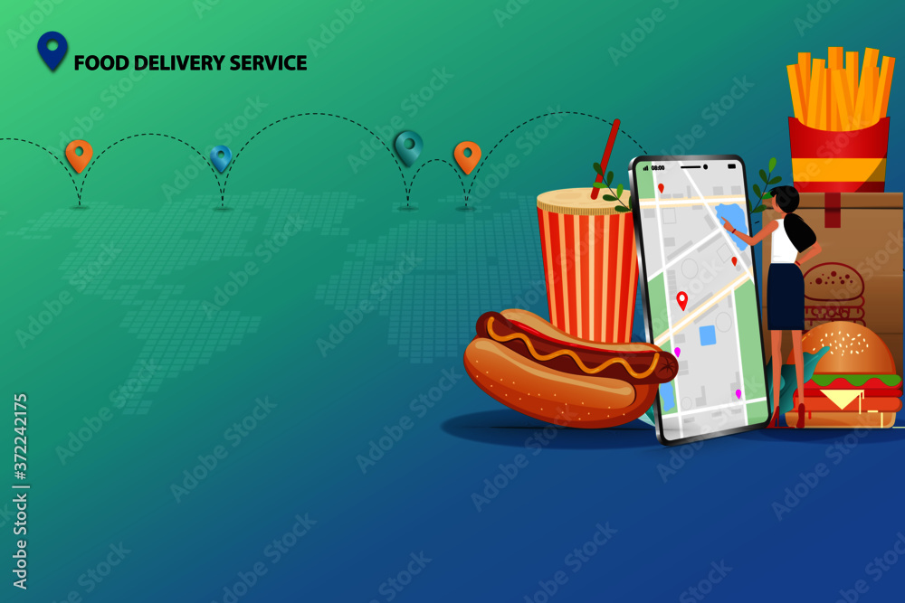 Concept of fast food delivery service, young woman is standing in front of big smartphone to track the shipment of fast food (sparkling water, hot dog with mustard, hamburger and french fries).