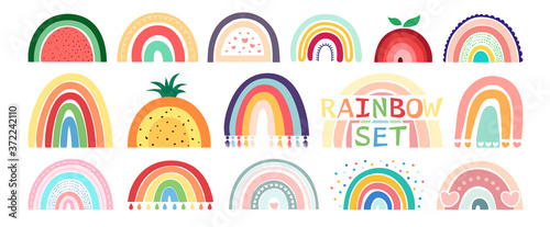 Boho rainbow set isolated on white background. In cute delicate pastel colors. Hand drawing style for posters, prints, cards, fabric, textile, children's books and decorating baby clothes.