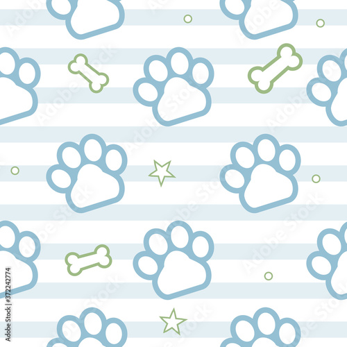 Cat and dog paws footprints. Seamless pattern for pet related print designs. Animal track icons. Cat paw steps and bones in blue and green pastel colors.