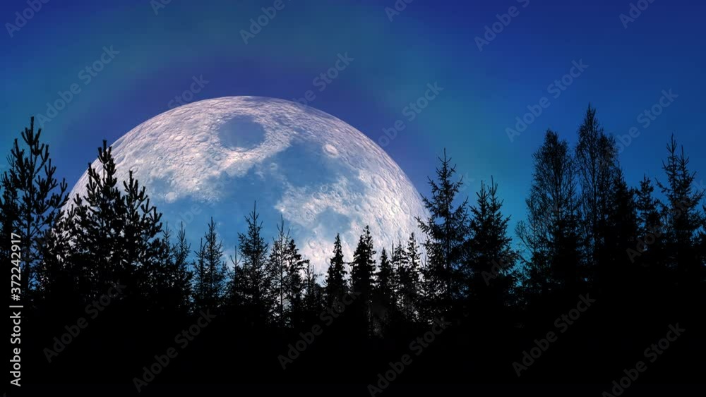 Giant moon with colorful halo rising over a forest silhouette.