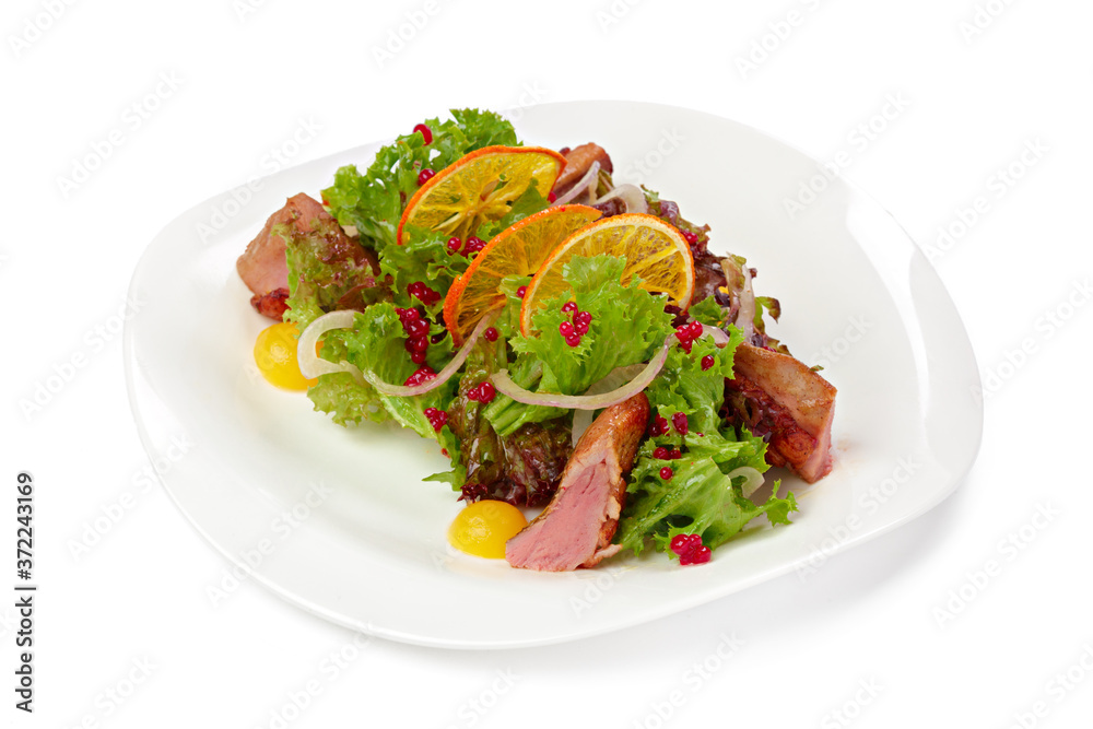 Salad with grilled beef slices and lettuce isolated on white Salad with grilled beef slices and lettuce isolated on white