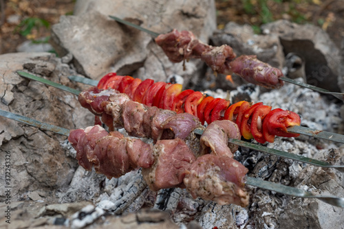 juicy raw kebab, pieces of pork on a skewer, just set on coals