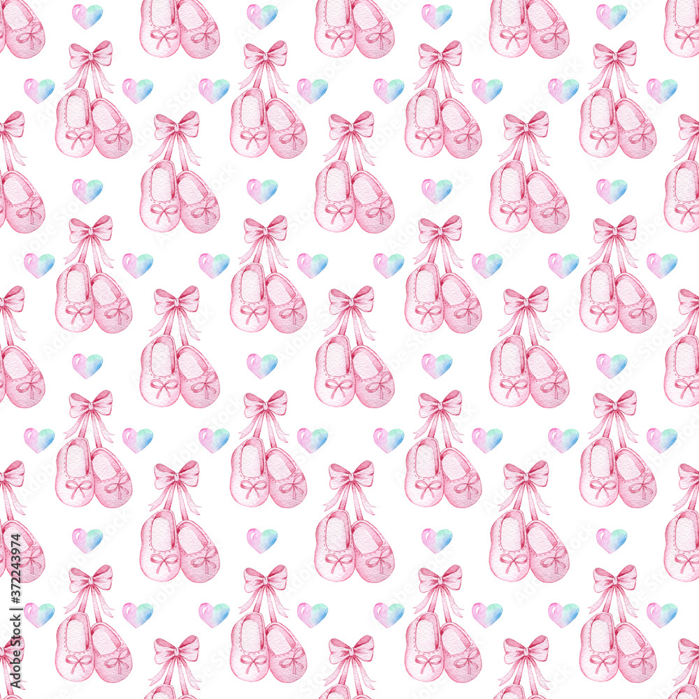 Watercolor seamless pattern with ballerina shoes and hearts Watercolor seamless pattern with ballerina shoes and hearts