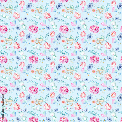 Watercolor seamless pattern with flowers ,toys and pram
