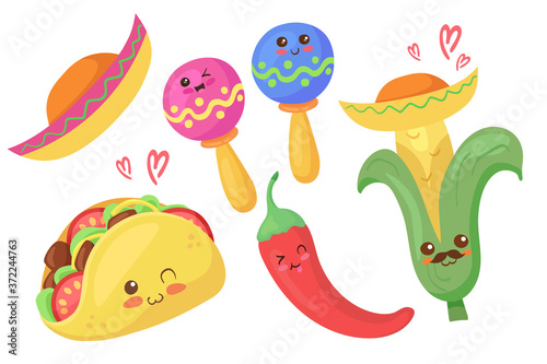Funny Mexican food characters isolated on white background. Happy smiling food vector illustration isolated on white background. Wrapping paper, postcard concept. Taco, Chili Pepper, Corn, Maracas.