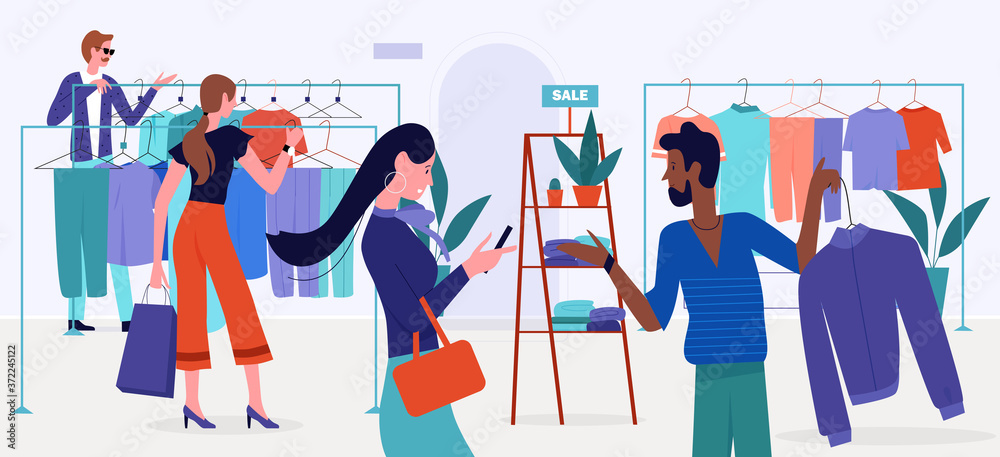 Shopping mall sales vector illustration. Cartoon flat customer buyer people choose clothes hanging on hangers of retail store, shop or boutique modern interior, buy fashion trendy garments background