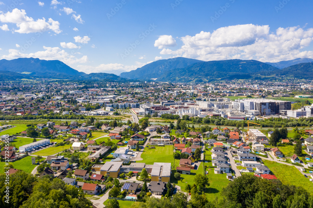 Villach in Carinthia. Aerial panoramic view to the small famous town in the South of Austria during summer.