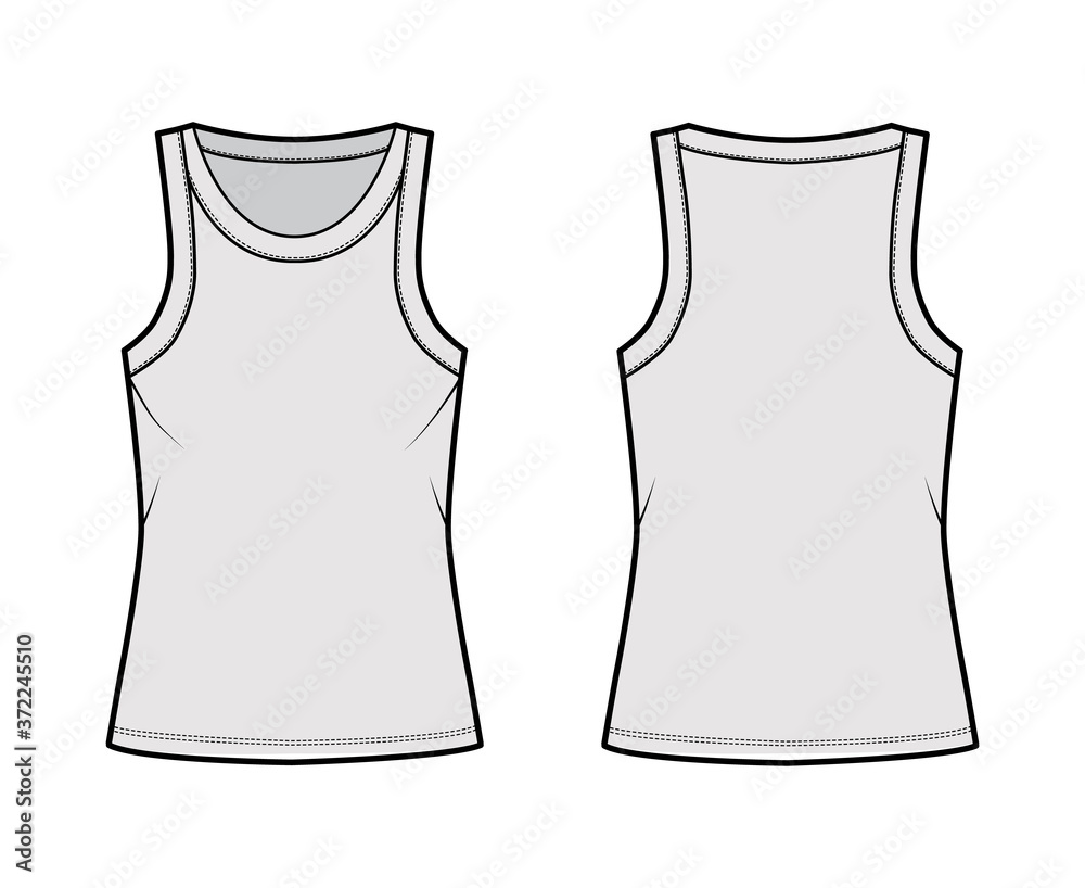 Cotton-jersey tank technical fashion illustration with relaxed fit, wide scoop neckline, sleeveless. Flat outwear cami apparel template front, back grey color. Women men unisex shirt top CAD mockup Cotton-jersey tank technical fashion illustration with relaxed fit, wide scoop neckline, sleeveless. Flat outwear cami apparel template front, back grey color. Women men unisex shirt top CAD mockup