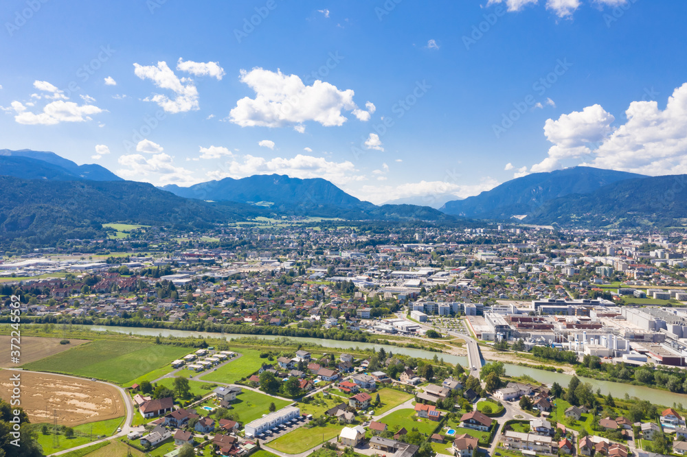 Villach and Drava river in Carinthia, panorama view. Small town in the South of Austria, Europe.