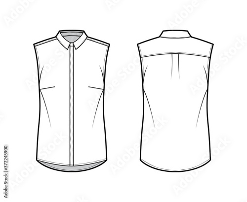 Shirt technical fashion illustration with neat, slim collar, front concealed button fastenings, slightly loose silhouette. Flat apparel template front, back, white color. Women, men unisex top mockup
