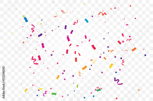 Colorful Confetti And Ribbon Falling On Transparent Background. Celebration & Party. Vector Illustration