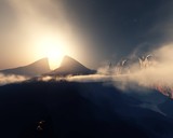 Alien landscape at sunset, fantastic mountains, 3D rendering