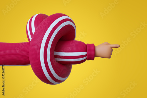 3d render, funny cartoon character knotted hand in red sleeve, finger pointing right direction, clip art isolated on green background