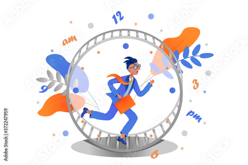 Business man in a suit with a briefcase running in a hamster wheel as rat race. Concept of busy business people.