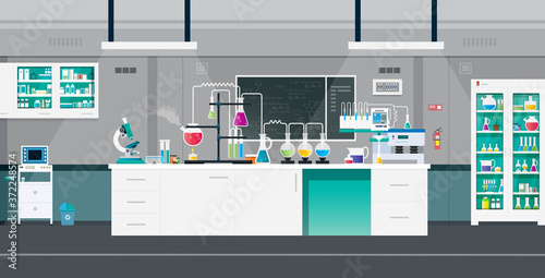 Scientific laboratories with experimental tools and equipment.
