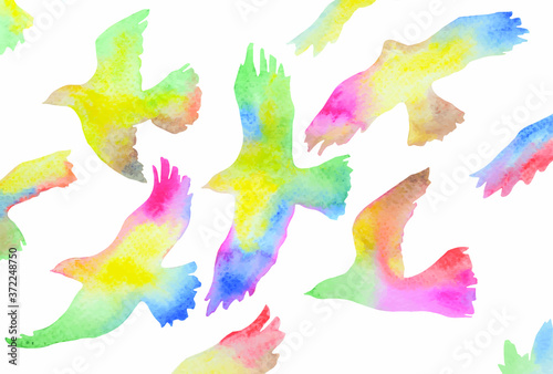 Illustration of beautiful and colorful birds flying. Vector.