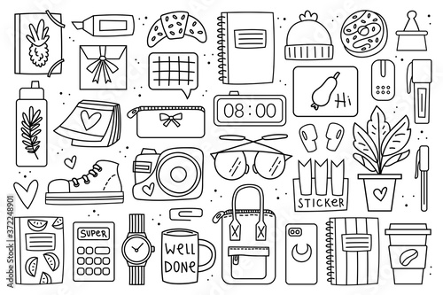 Back to school big clip art, set of elements, stickers. Office stuff, stationery. Notebook, glasses, bag, pen, marker, plant, lap top, clock, coffee, accessory, device, decor. Black doodle design.