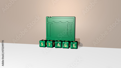 3D illustration of STAGE graphics and text made by metallic dice letters for the related meanings of the concept and presentations for background and concert photo