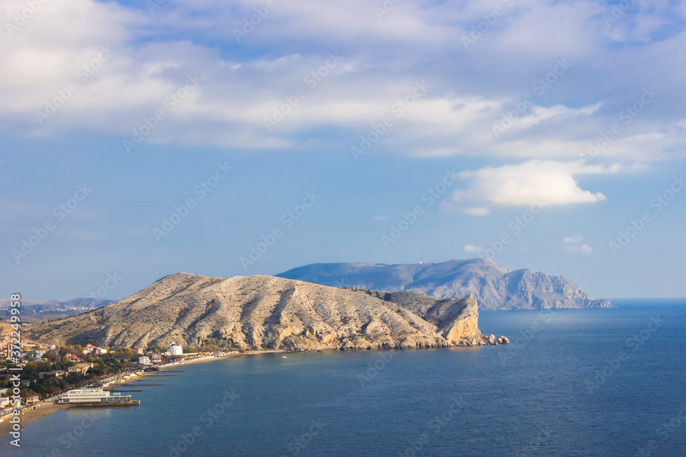 View of Sudak bay and cape Alchak from the Genovese fortress, Crimea.