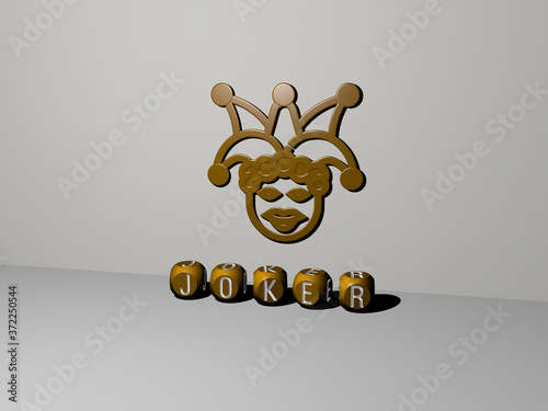 JOKER 3D icon on the wall and text of cubic alphabets on the floor, 3D illustration for clown and cartoon photo