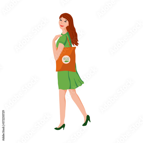 Vector illustration of beautiful young woman with eco-bag on her shoulder. Alternative to disposable plastic bag can be reusable shopper bag