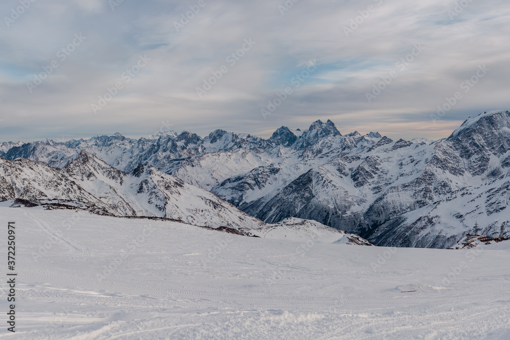 beautiful panorama of the snowy Caucasus range